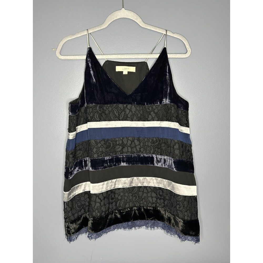 Loft Blouse Womens M Blue Black Velvet Lace Camisole Whimsigoth Dark Romantic